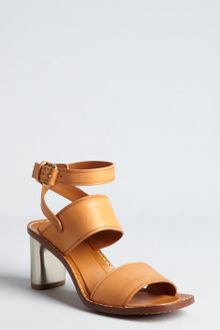 Celine Camel Leather Metal Stacked Heel Sandals - Lyst