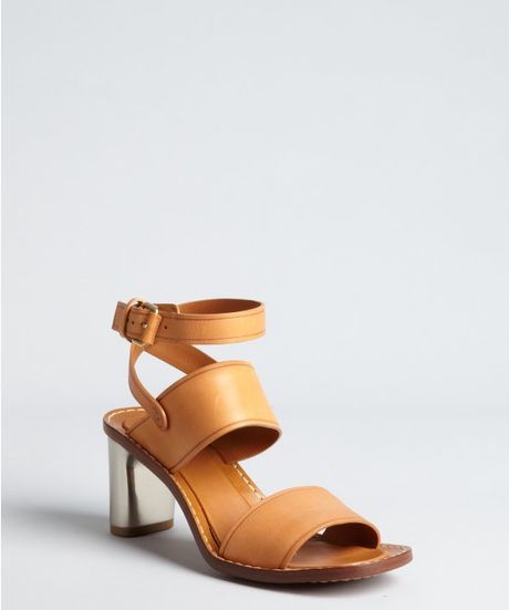 Celine Camel Leather Metal Stacked Heel Sandals in Beige (camel) - Lyst