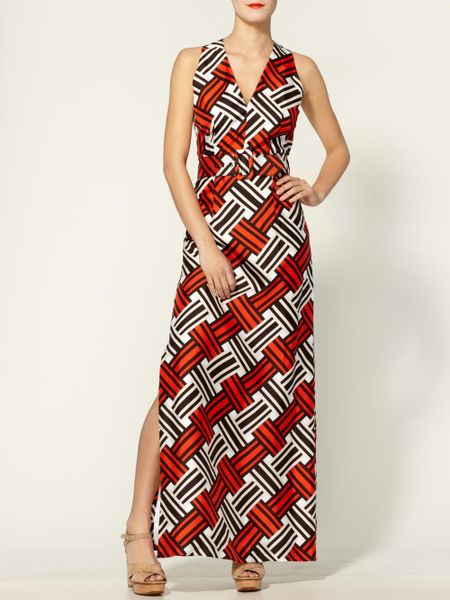 Milly Caroline Belted Basketweave Print Maxi Dress in Orange (tangerine) - Lyst