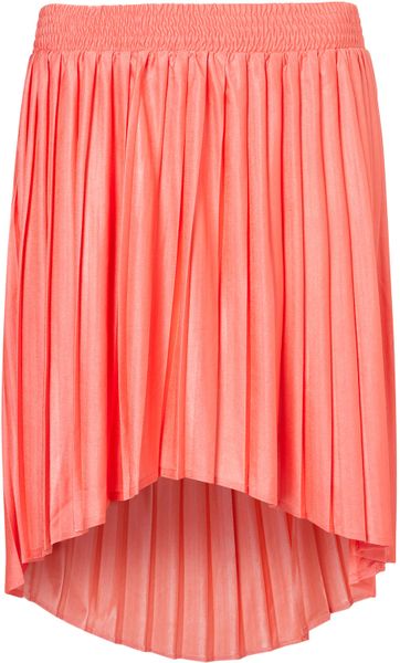 Topshop Pleated Dip Hem Skirt in Pink (coral) - Lyst