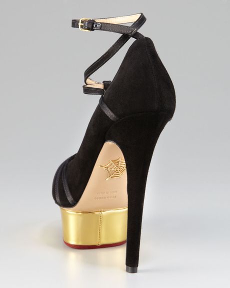 Charlotte Olympia Suede Anklewrap Platform Pump in Gold (blk gold) - Lyst