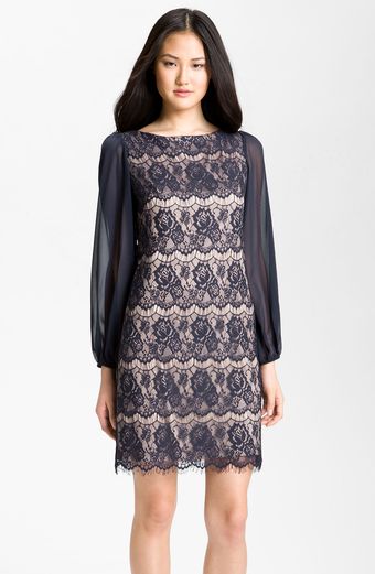  Bell Sleeve Lace Overlay Sheath Dress 