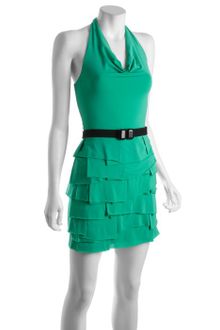 BCBGMAXAZRIA Emerald Jersey Halter Ruffle Front Belted Dress - Lyst