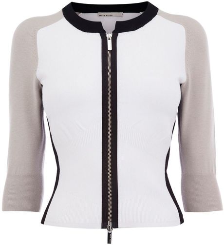 Karen Millen Colour Contrast Knit Cardigan in Beige (cream) - Lyst