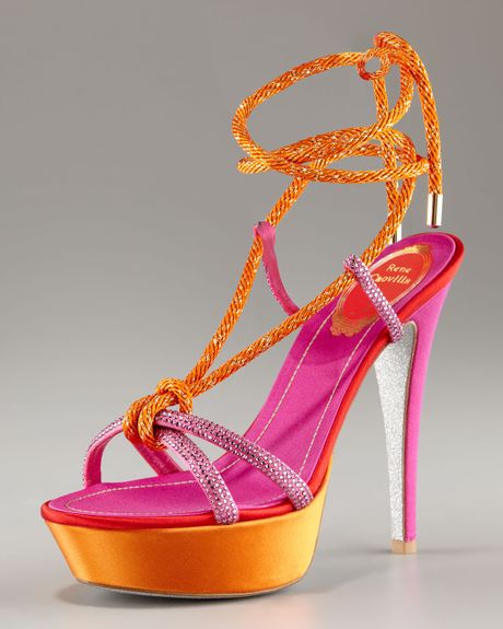 Rene Caovilla Ankle-tie Platform Sandal in Multicolor (orange fuc) | Lyst