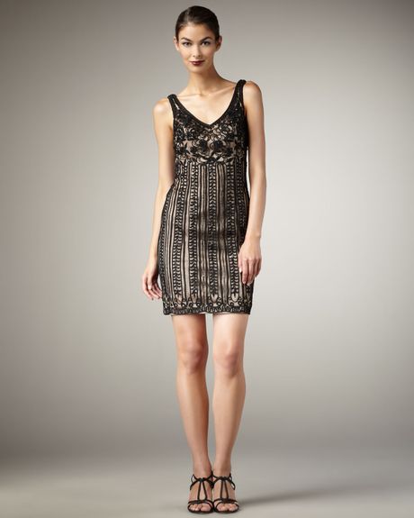 Sue Wong Meshback Beaded Shift Dress in Black (black nude) - Lyst