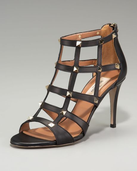 Valentino Rockstud Midheel Cage Sandal in Black - Lyst