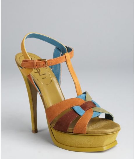 Yves Saint Laurent Tan Colorblock Suede Strappy Tribute Platform Sandals in Blue (tan) - Lyst