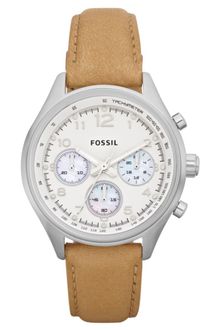 Fossil Womens Chronograph Flight Tan Leather Strap Watch  - Lyst