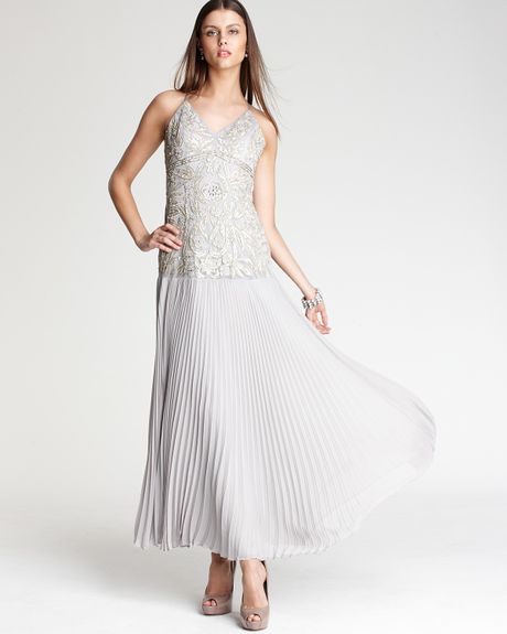 Sue Wong Pleated Gown in Gray (platinum) - Lyst