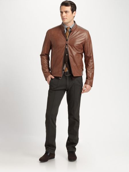 Armani Leather Blouson Jacket in Brown for Men - Lyst