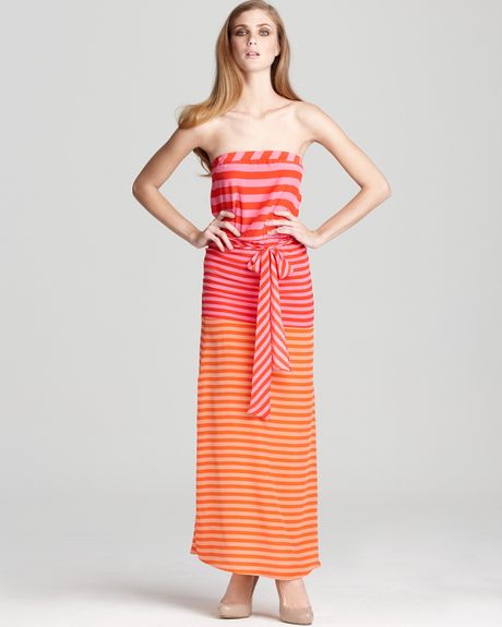 Bcbgmaxazria Dress Dodson Striped Strapless Maxi Dress in Red (red berry cerise combo) - Lyst