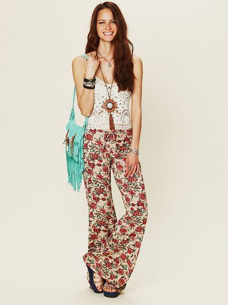Free People Floral Drawstring Bell Bottoms in Brown (beige floral) - Lyst