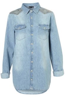 Topshop Oversized Stud Denim Shirt - Lyst