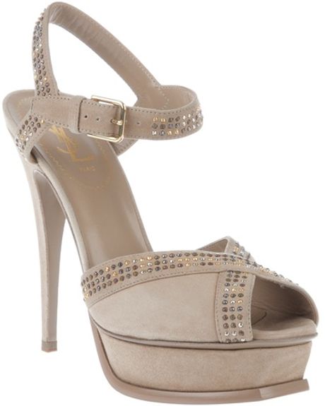 Yves Saint Laurent Studded Peep Toe Sandal in Beige - Lyst