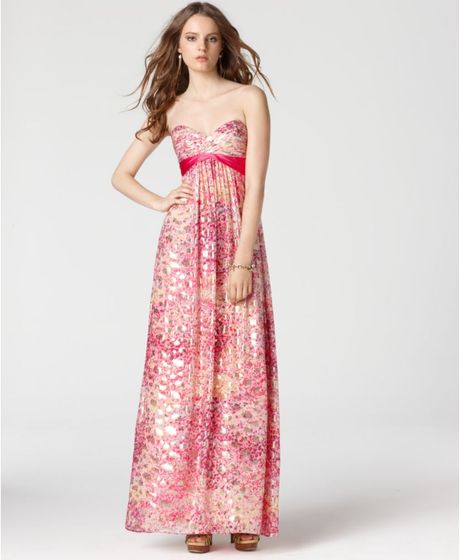 Bcbgmaxazria Strapless Pleated Empire Waist Printed Metallic Maxi in Pink - Lyst