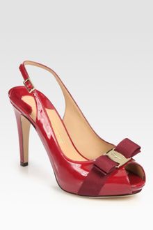 Ferragamo Patent Leather and Grosgrain Ribbon Slingback Peep Toe Bow Pumps - Lyst