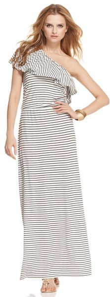 Dkny Sleeveless Oneshoulder Ruffle Striped Maxi in Gray - Lyst