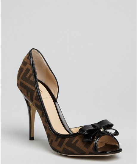 Fendi Tobacco Zucca Canvas Bow Peep Toe Pumps in Brown (tobacco) - Lyst