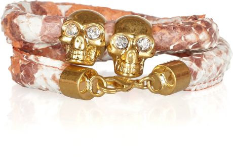 Alexander Mcqueen Skull Charm Python Wrap Bracelet in Gold (white) - Lyst