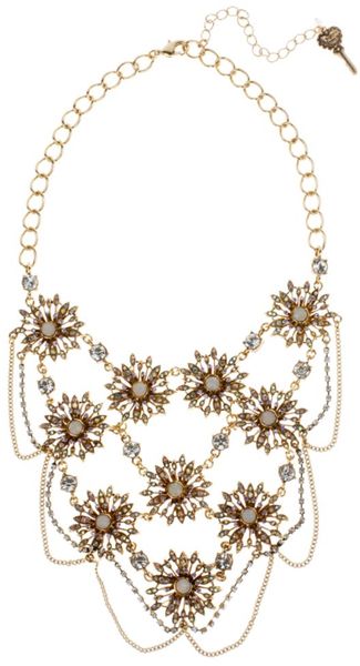 Betsey Johnson Gold Tone Multi Flower Link Frontal Statement Necklace in Gold - Lyst