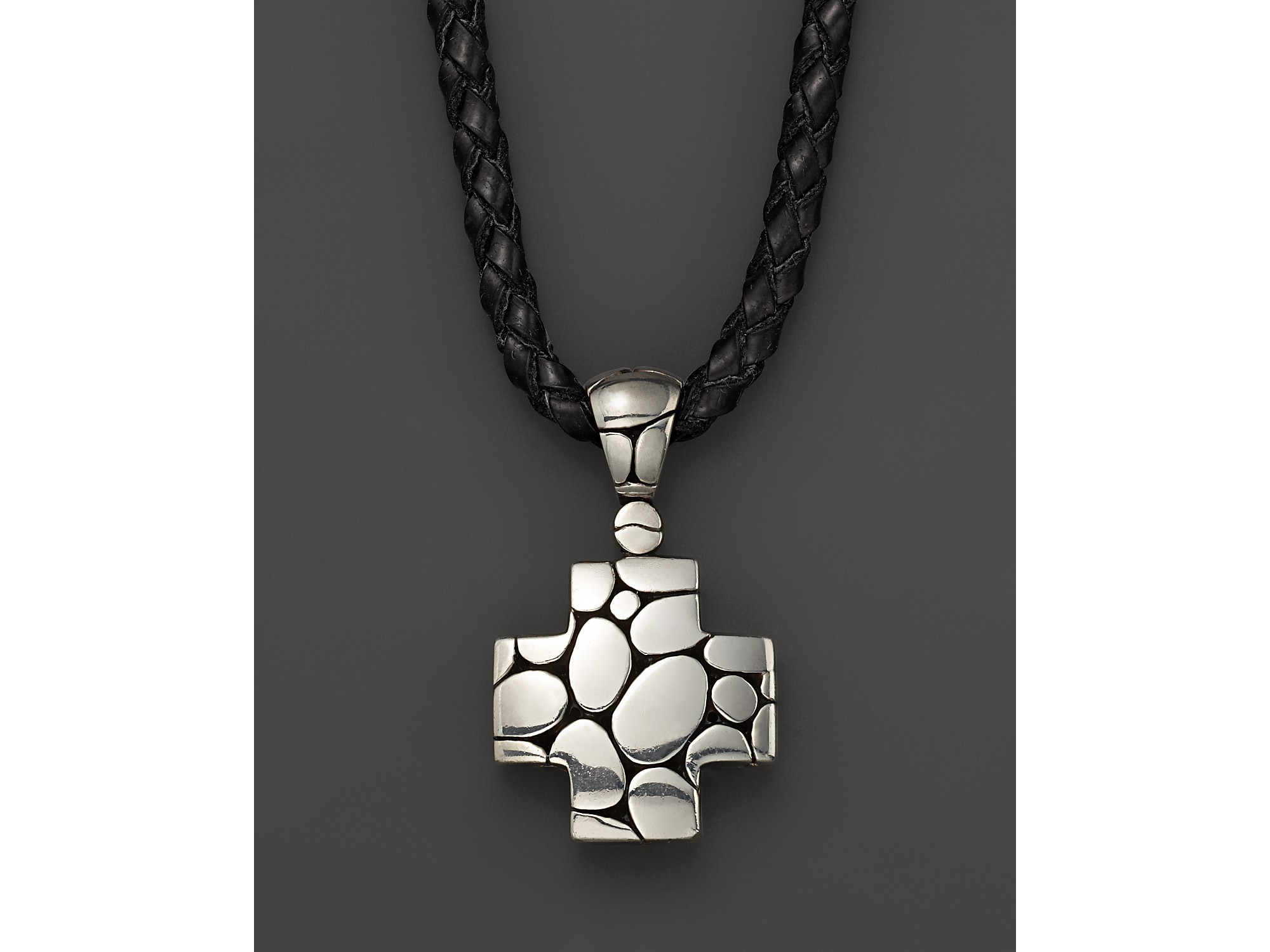 John Hardy Mens Kali Silver Cross Pendant On Black Leather Cord in