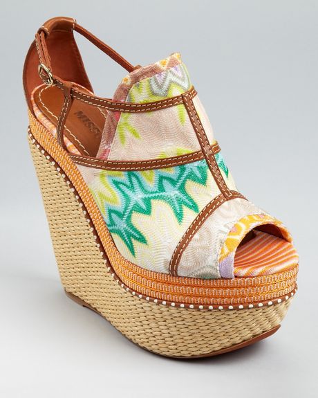 Missoni Wedges Peep Toe Platform in Brown (coral green multi) - Lyst