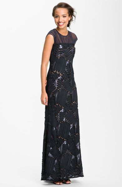 Tadashi Shoji Embroidered Illusion Yoke Chiffon Gown in Blue (navy) - Lyst
