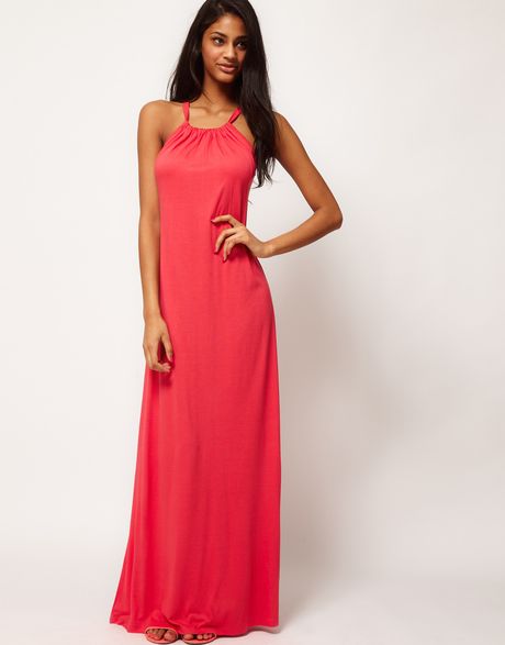 Asos Collection Maxi Dress with Halter Neck in Pink (coral) - Lyst