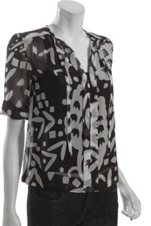 Diane Von Furstenberg Black and White Abstract Print Anne Cuffed Three Quarter Sleeve Blouse - Lyst