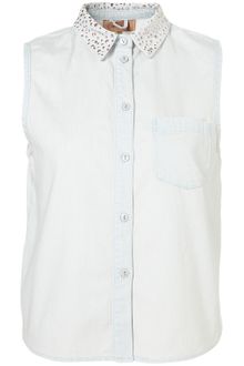 Topshop Sparkle Collar Denim Crop Shirt - Lyst