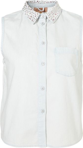 Topshop Sparkle Collar Denim Crop Shirt in Blue (bleach stone) - Lyst