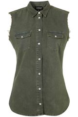 Topshop Khaki Sleevless Denim Shirt