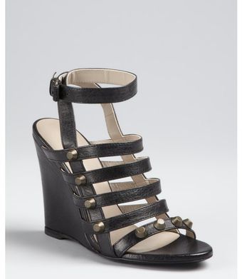  Black Leather Studded Cage Wedge Sandals 