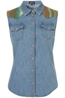 Topshop Sleeveless Tapestry Denim Shirt - Lyst