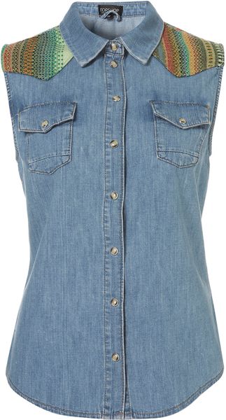 Topshop Sleeveless Tapestry Denim Shirt in Blue (mid stone) - Lyst