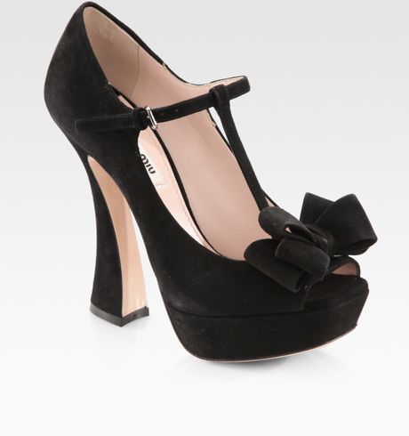 Miu Miu Suede Peep Toe Tstrap Bow Pumps in Black - Lyst