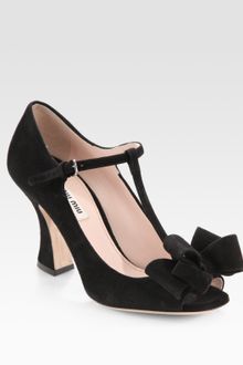 Miu Miu Suede T-strap Bow Sandals - Lyst