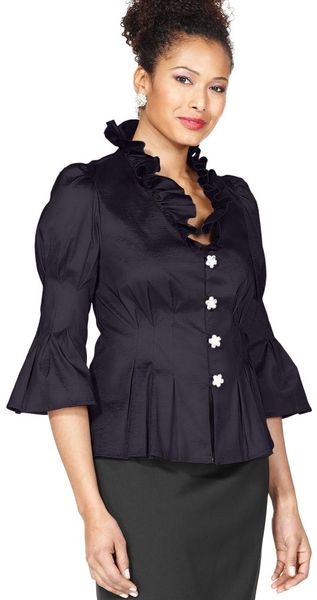 Eci Three Quarter Sleeve Jewel Button Pleated Ruffled in Blue - Lyst