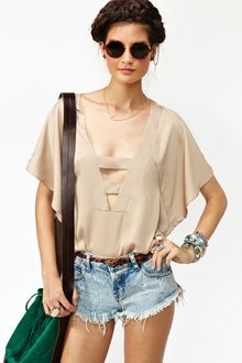 Nasty Gal Plunging Batwing Top Taupe - Lyst