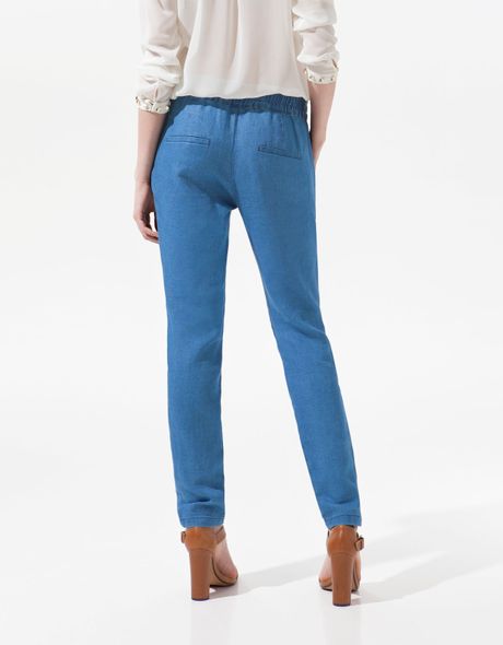 Zara Linen Trousers in Blue | Lyst
