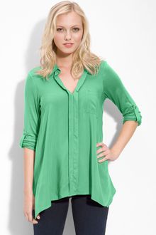 Pleione Split Neck Roll Sleeve Mixed Media Top - Lyst