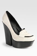 Alice + Olivia Suede and Patent Leather Platform Loafer Pumps
