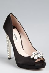 Miu Miu Black Satin Crystal Encrusted Peep Toe Pumps