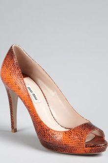 Miu Miu Papaya Snake Embossed Leather Peep Toe Pumps - Lyst