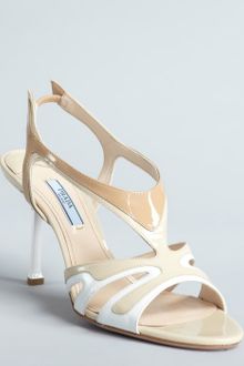 Prada Beige Patent Leather Open Toe Sandals - Lyst