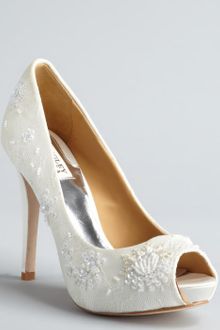 Badgley Mischka White Satin Lace Stella Sequin Embellished Open Toe Pumps - Lyst