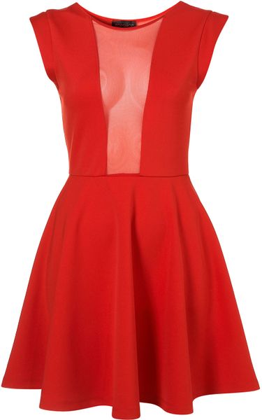 Topshop Red Mesh Insert Skater Dress in Red - Lyst