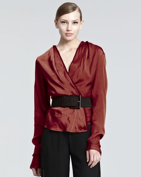 Donna Karan New York Satin Surplice Blouse in Red - Lyst
