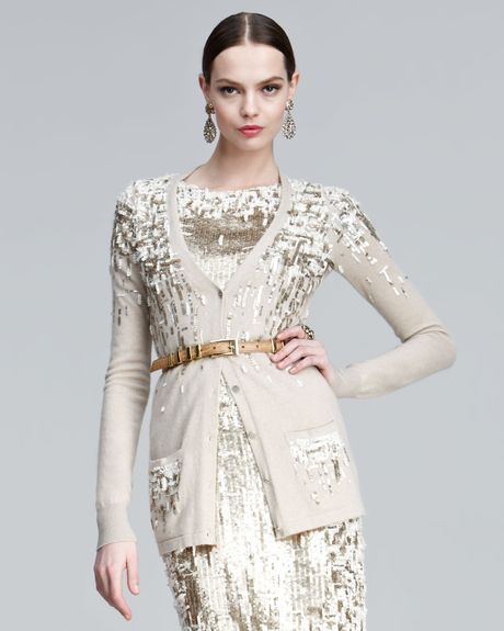 Oscar De La Renta Long Sequined Cashmere Cardigan in Beige (cafe au lait) - Lyst